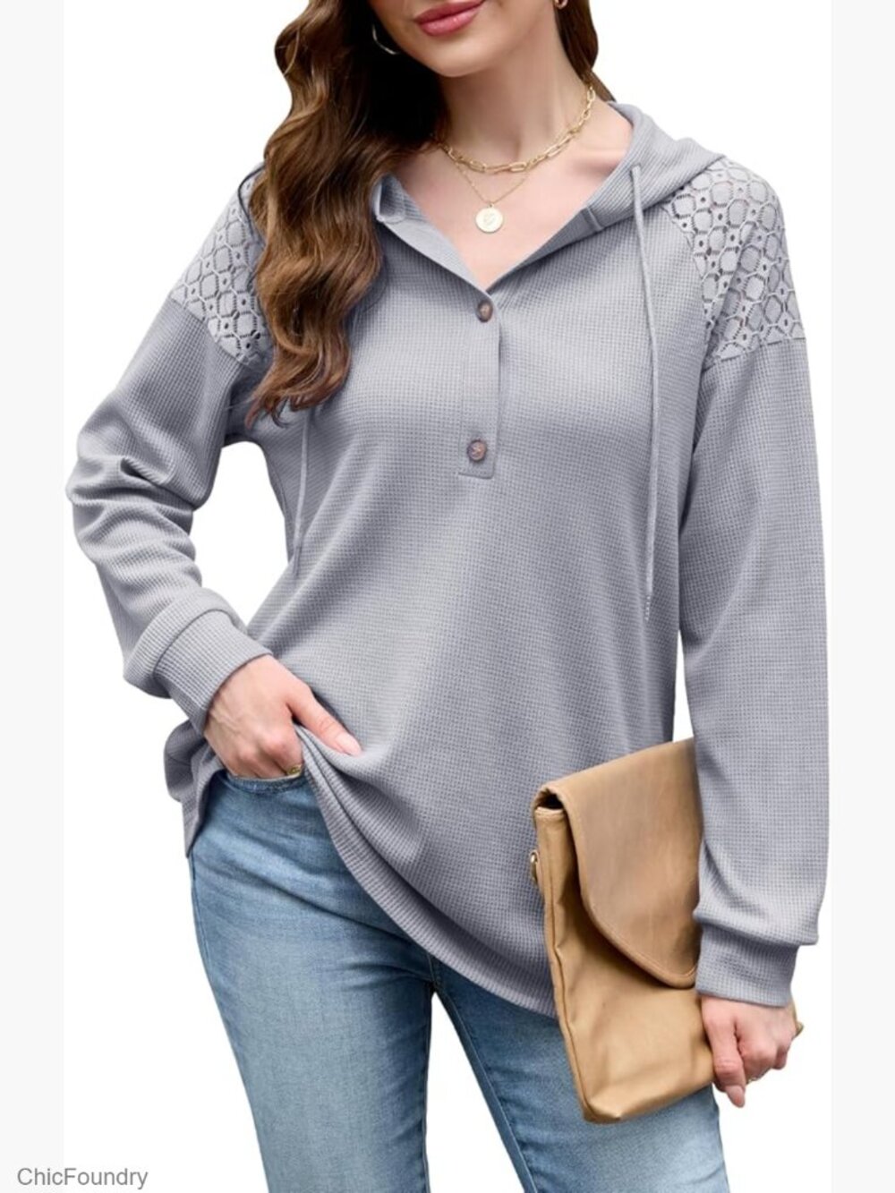 Waffle Knit Hoodie Oversized Pullover Lace Sleeve Casual Sweatshirt - Picture 1 of 7